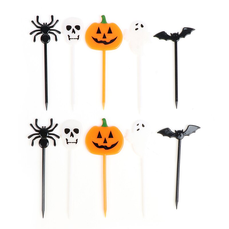 Juego de 10 unidades de comida para Halloween, fruta, tenedor de dibujos animados, pastel, palillo de dientes para postre, almuerzo, decoración de: Default Title