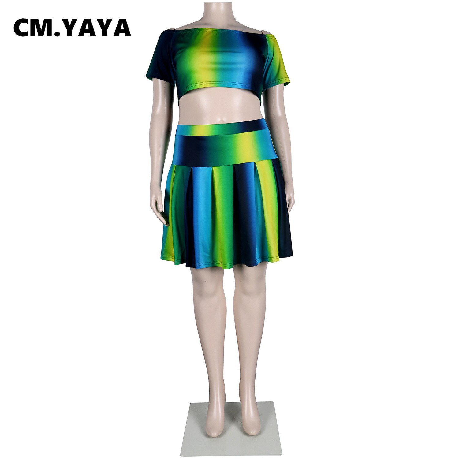 Cm. Yaya Vrouwen Plus Size Set Print Korte Mouw O-hals Crop Tops Korte Geplooide Rokken Twee 2 Stuk Sets Mode Outfits zomer