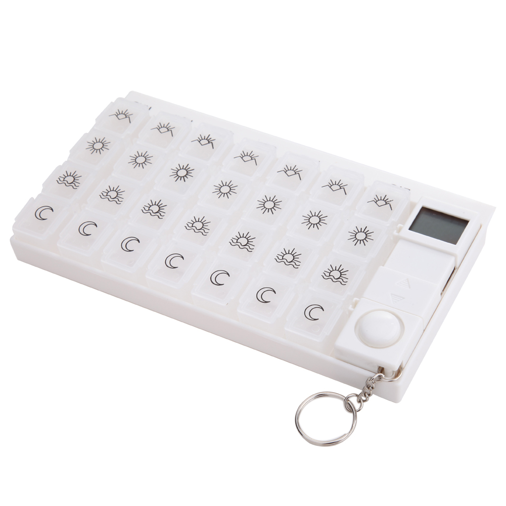 Digital 7 dages pillepåmindelse arrangør pilleæske etui timer pilleopbevaringsæsker medicinetui beholder pilledispenser vækkeur: Hvid