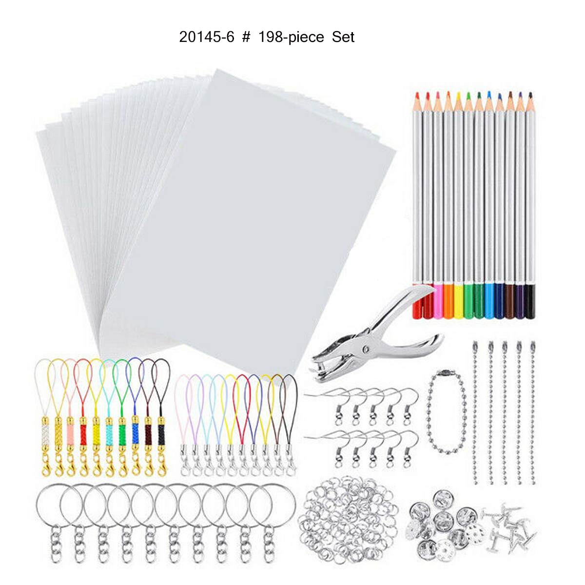 198PCS Heat Shrink Sheet Plastic Kit Shrinky Art Paper Hole Punch Keychains Pencils DIY Drawing Art Supply Heat Shrink: 198pcs set
