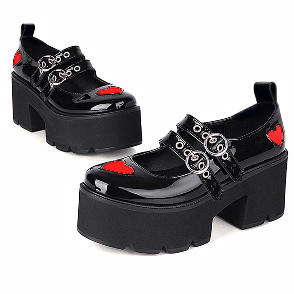 Chaussures gothiques à bout rond pour femmes, chaussures de , de Style gothique, noir, rouge, avec boucles en forme de cœur, talons épais, à la , nouvelle ,