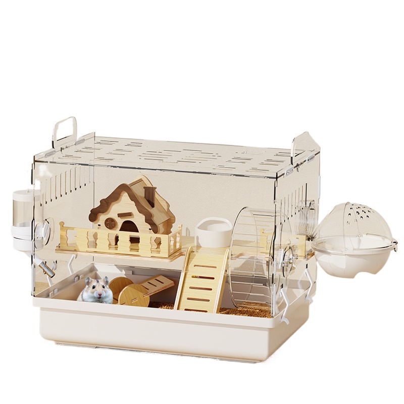 ‌ Jaula para hámster acrílica grande, hábitat de villa de lujo transparente para hámster dorado, casa para animales pequeños de fácil limpieza con accesorios