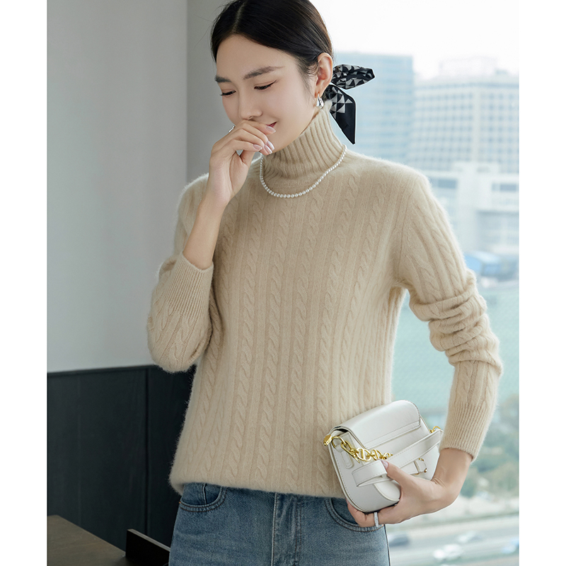 Camisa de fondo de lana pura 100% de Cuello medio alto para mujer, suéter de punto de lana acolchado suelto, otoño e invierno,