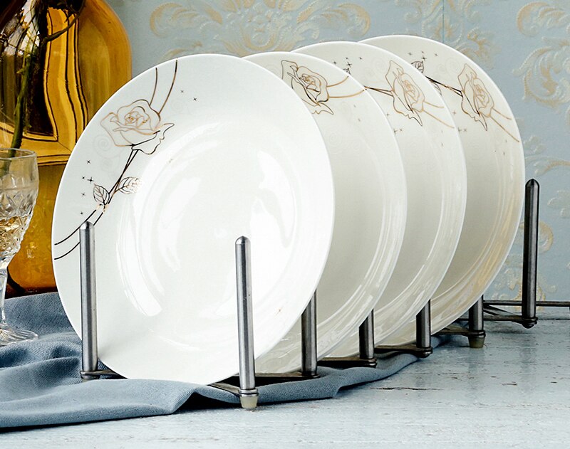 4pcs set, 8 inch, bone china dinner plates, golden rose, porcelain plates for food, ceramic dishes for serving, dinner plate set