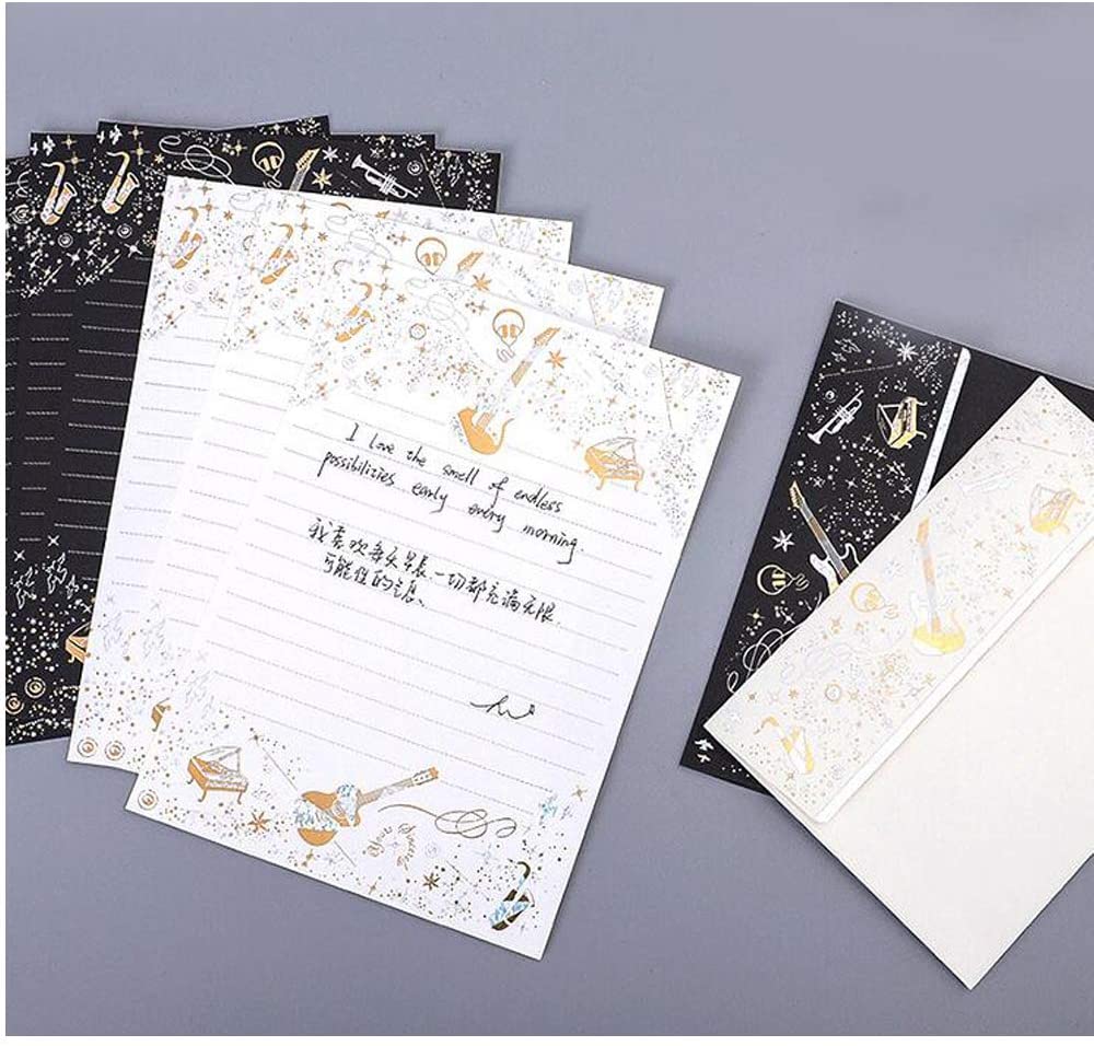 Fjer- og musikmønster guldfolie præget foret papirpapir og konvolutter sæt inklusive kuvert (hvid / sort)