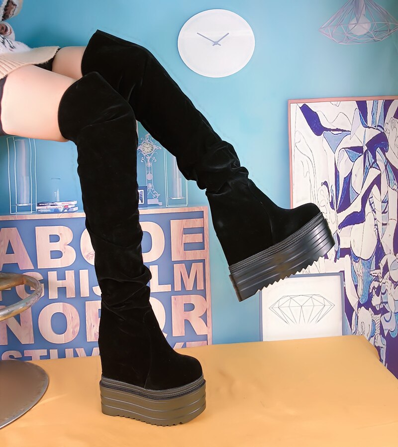 Lange laarzen dames kniehoog winter verborgen hak dunne been lange over de dij laarzen kniehoge wig hoge hak schoenen