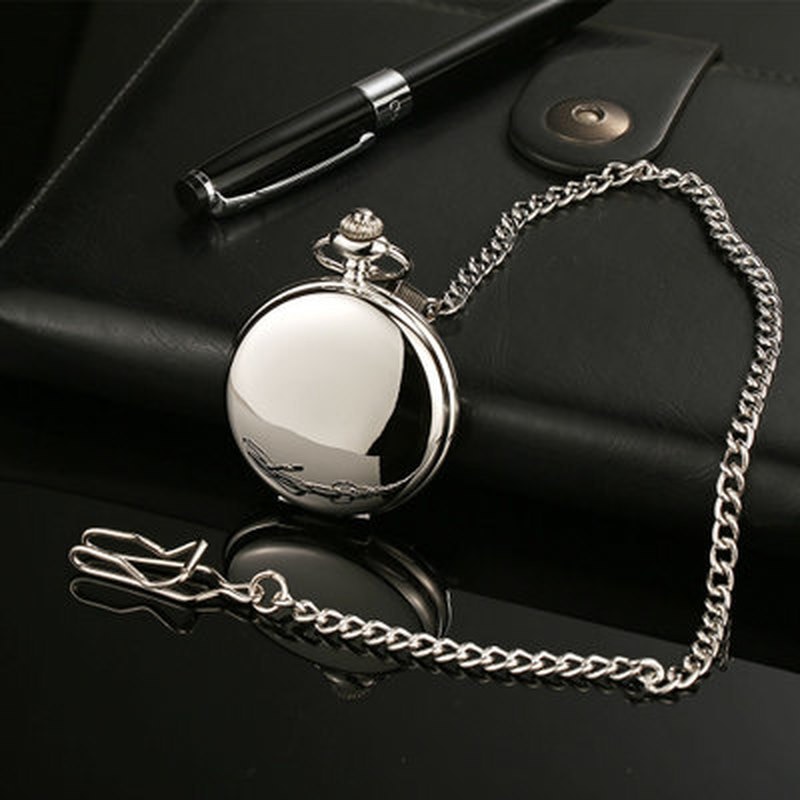 Retro Glad Mannen Zwart Zakhorloge Zilver Polish Quartz Fob Pocket Watches Hanger Met Ketting Pocket Fob Horloges