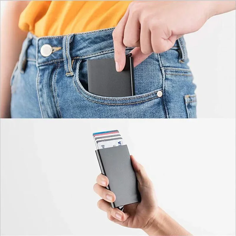 Rfid-Kreditkartenetui, Metall, dünn, schlank, intelligente Geldbörse, Herren- und Damen-Geldbörsen, Pop-Up, minimalistische kleine schwarze Geldbörse, Mini-Geldbörsen für Herren