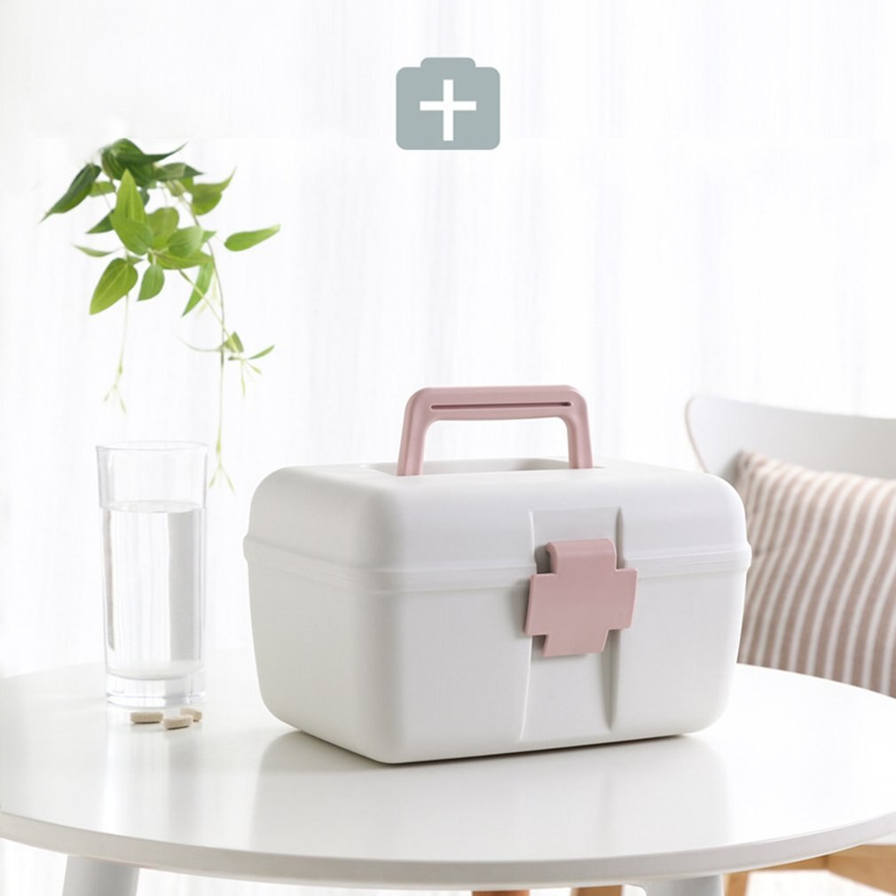 Multifunktionellt hem dubbla lager medicinskåp bärbar medicin förvaringslåda hälsa plast medicinsk låda: Rosa