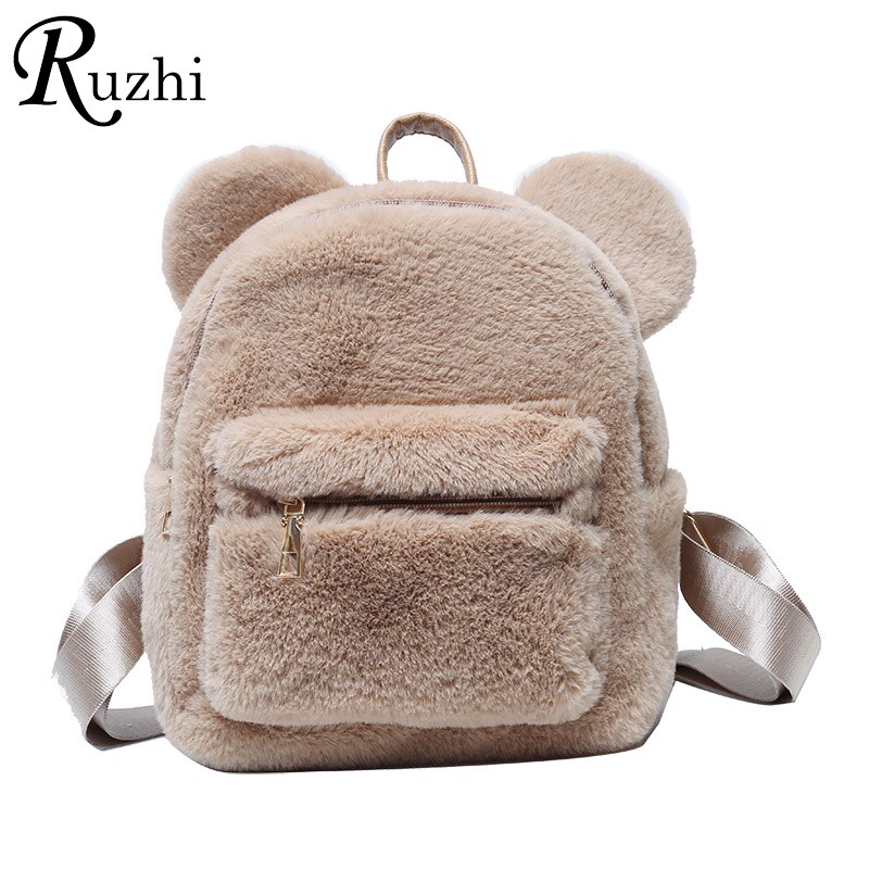 2021 kpop mini mochila para meninas mochila de pelúcia com orelhas de urso pele ombros saco bonito peludo: Khaki