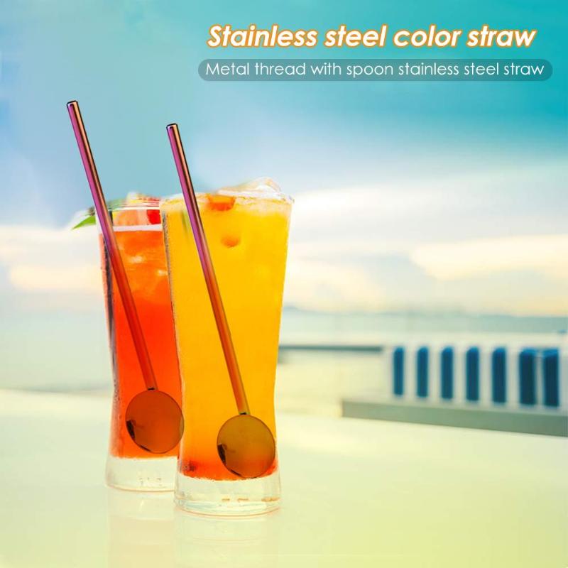 2 in 1 Reusable Drinking Straws Stainless Steel Coffee Milk Tea Straw Spoon