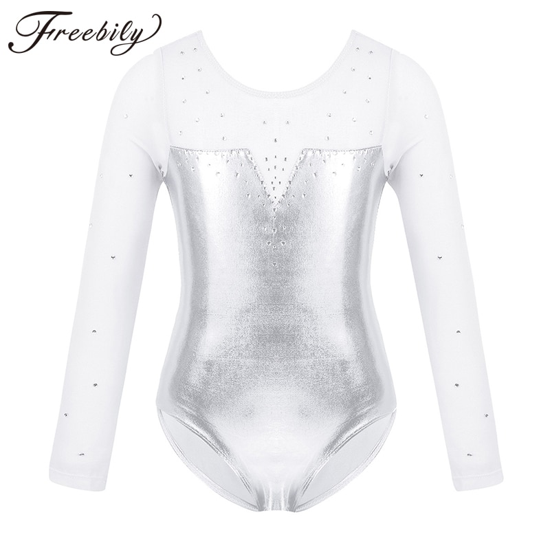 Sparkle Girls Tulle Long Sleeve Gymnastics Leotard Bodysuit Rhinestone Metallic Ballet Leotard Kids Practice Stage Dance Costume