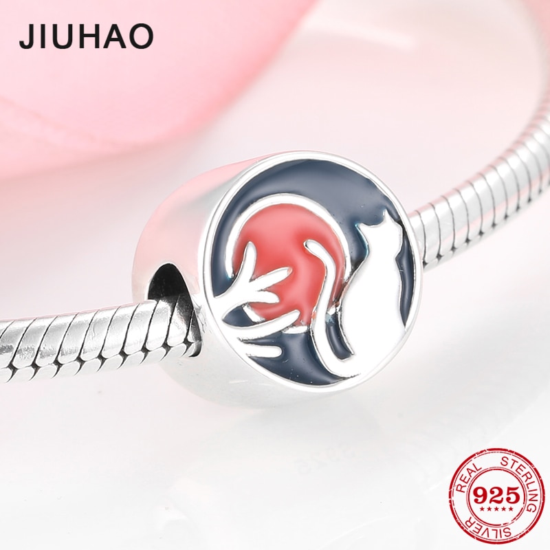 nuovo 925 sterlina d'argento autunno raccolto Gatto tramonto Dello Smalto Pendenti E Ciondoli Misura Branelli Originale JIUHAO Braccialetto Monili che fanno
