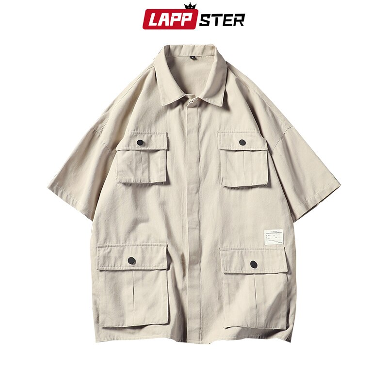 Lappster menn streetwear lommer last skjorter ins moter sommer kortermede svarte skjorter mann japansk stil hofte hopp klær