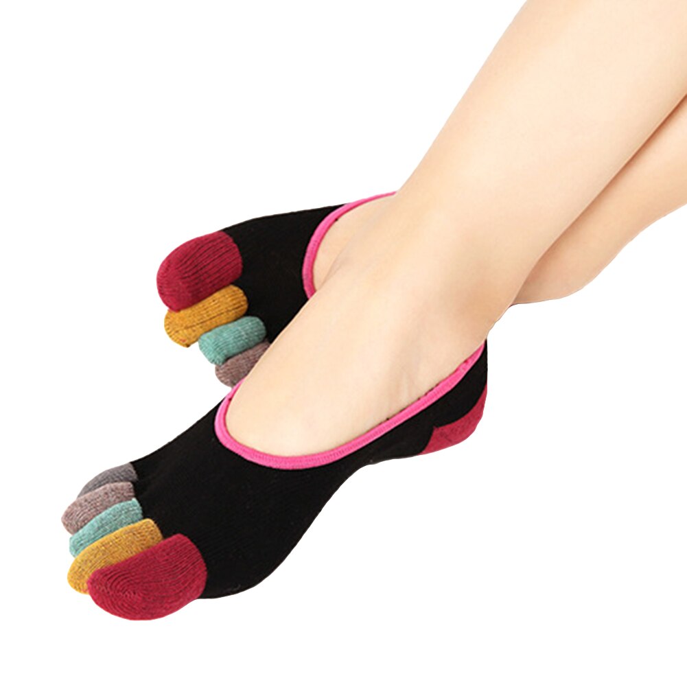 Farve blokerende bomuld kvinder multi-farve lav cut foråret fem tå sokker: Sort