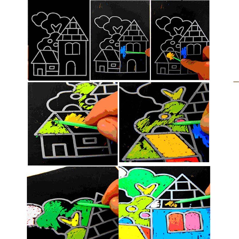 10 Sheets Colorful Magic Scratch Art Painting Paper Children Painting Paper Free Drawing Pen