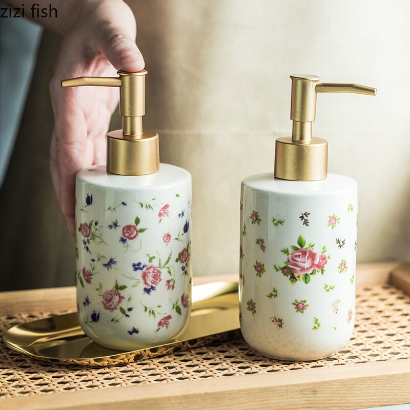 American Retro Rose Pattern Ceramic Soap Dispenser Bathroom Shampoo Moisture Bottling Household Push Type Soap Dispenser Decor