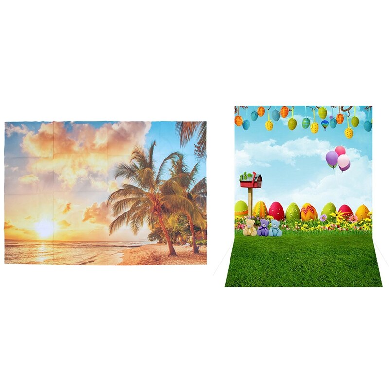 2 stk fotografi bakgrunner vinyl bakgrunn rekvisitter 5 x 3ft -  strand solnedgang skjønnhet & påskeegg luftballong tegneserie