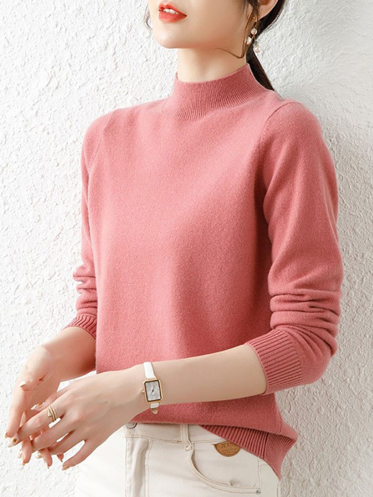Outono inverno blusas inferiores moda feminina chique gola alta pulôver fino manga longa malha jumpers macio quente pull femme topo: Rosa