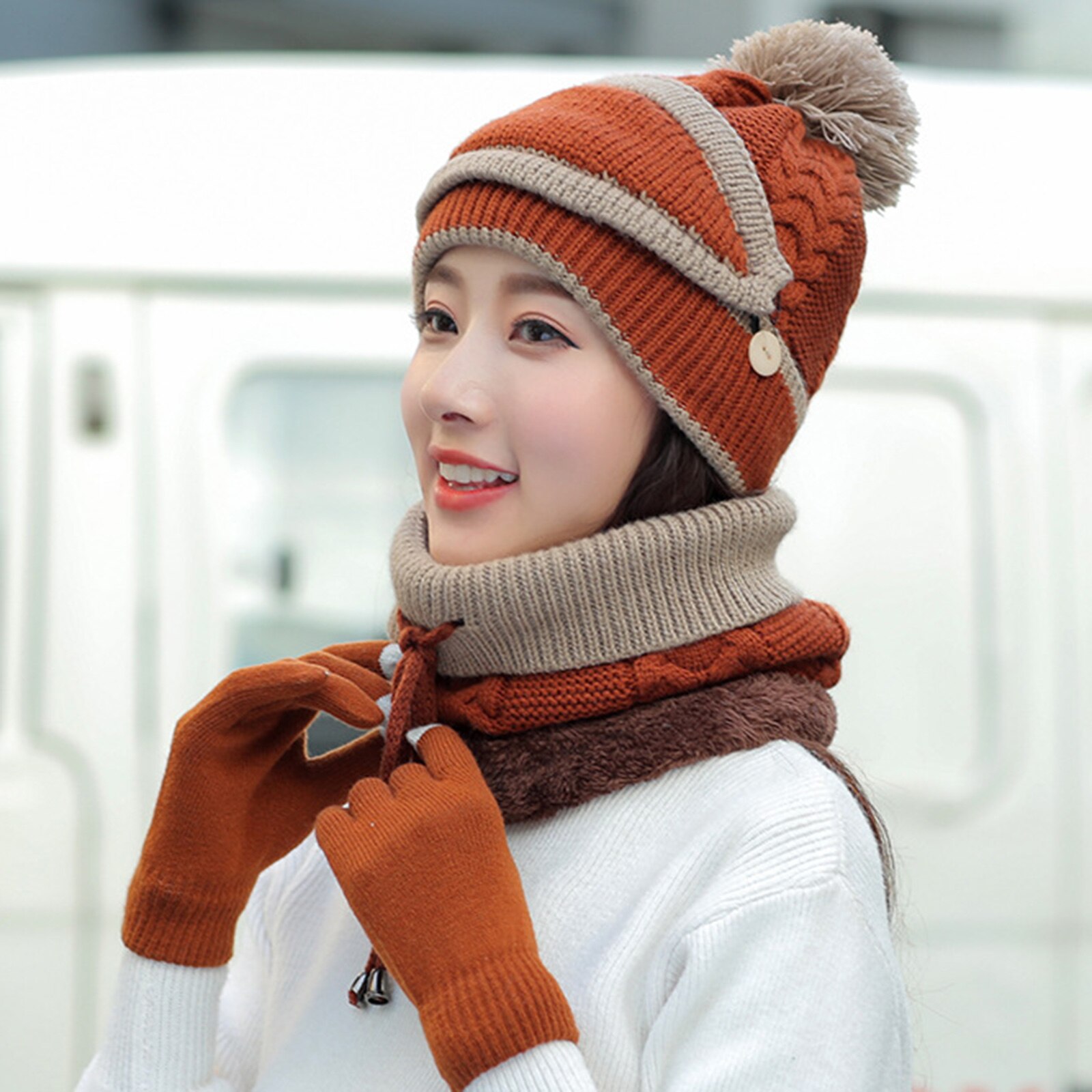 Nyeste 4 stk kvinders vinter tørklæde sæt thickend strikket hat tørklæde ansigt dække handsker udendørs