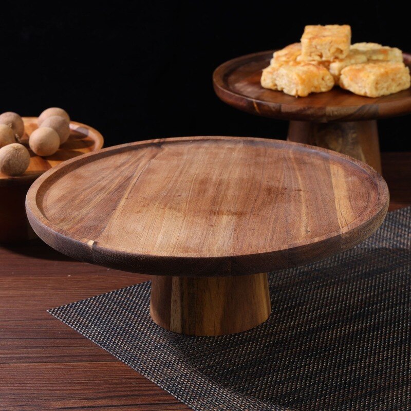 Japanese-style acacia wood high-footed cake stand solid wood dessert plate serving tray living room fruit snacks wooden plate