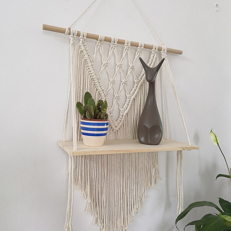 Macramé pared colgante estante estilo bohemio hecho a mano casa niños habitación decoración pared estante borla tapiz-ABUX