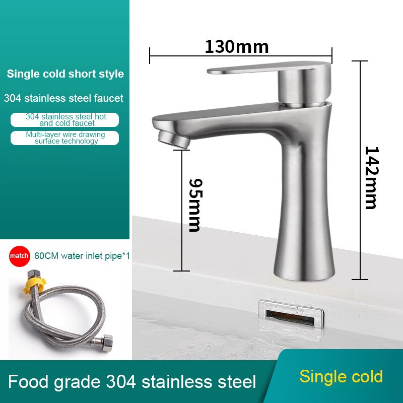 304 Stainless Steel Bathroom Faucet Basin Faucet Toilet Washbasin Single Cold Water Tap Bathroom Accessories: Cold short pipe