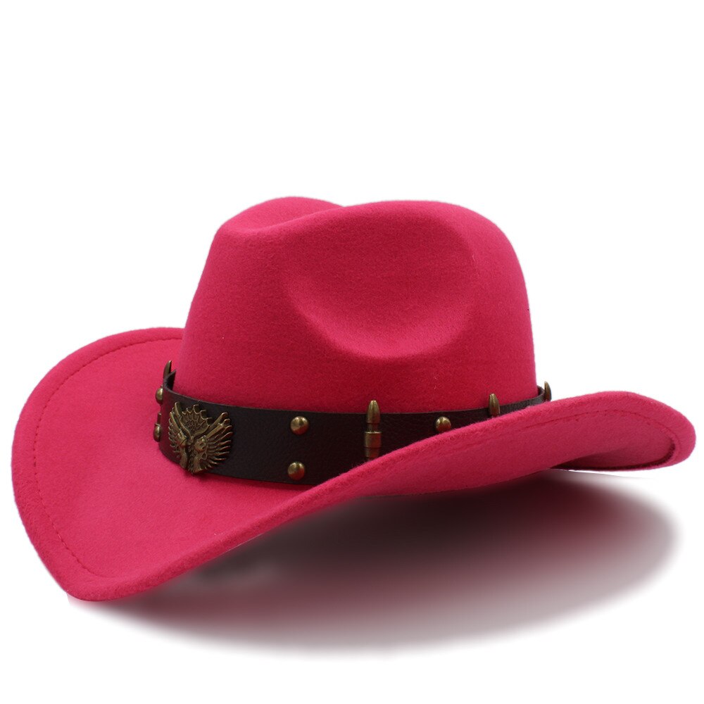 Wome Black Wool Chapeu Western Cowboy Hat Jazz Sombrero Hombre Cap Lady Cowgirl Hats Size 56-58cm: Rose red