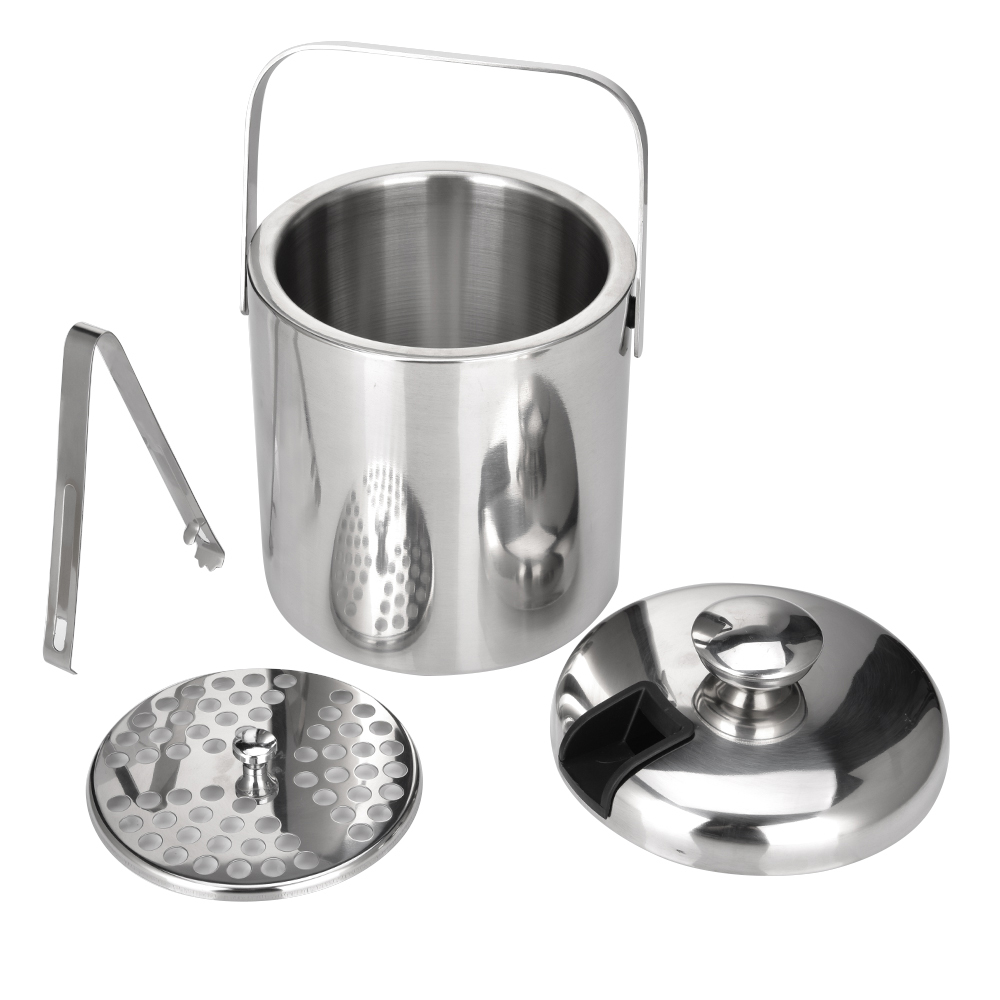 1.3L Double Walled ice bucket Stainless steel Ice Cube Container with ice tong Clip Lid for storage and bar cooler