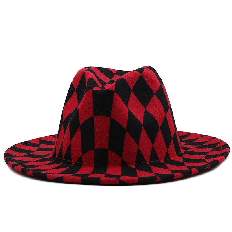 QBHAT Checkerboard Plaid Print Top Hat Men Black Bottom Patchwork Jazz Fedora Hats Fascinator Women Church Felted Cap: red plaid