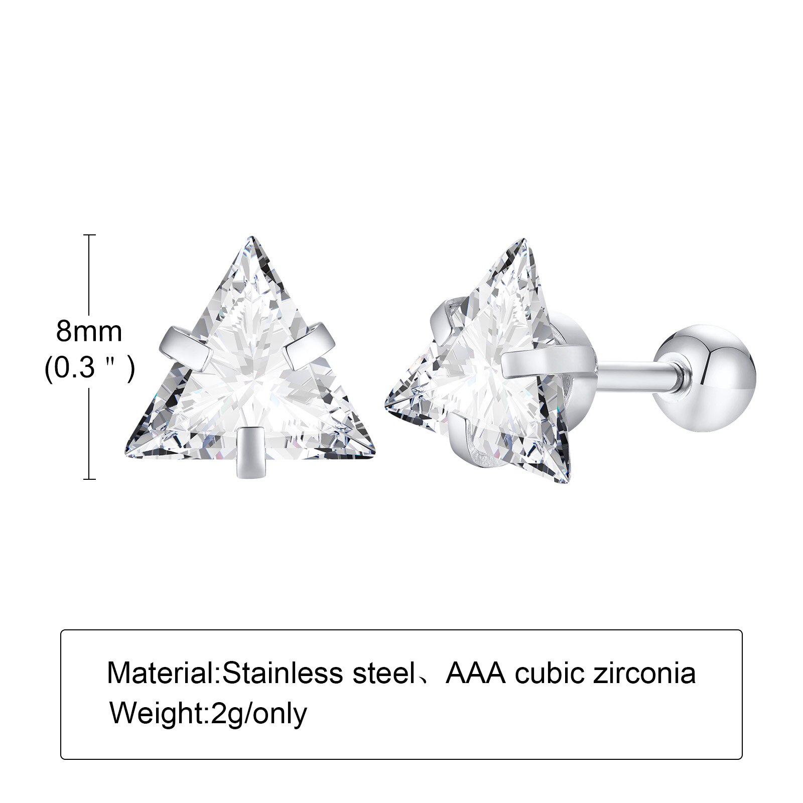 Small Triangle Stud Earrings in Stainless Steel, Cubic Zirconia, Geometric Minimalist