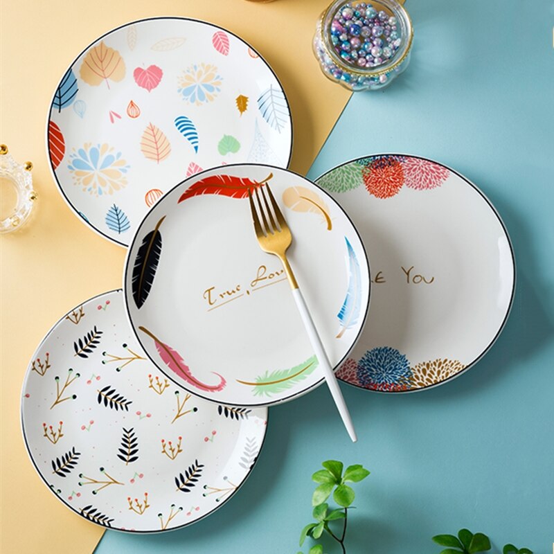 Chinaware conjunto de placa 4 pçs bonito desenhos animados cozinha do agregado familiar porcelana talheres sobremesa salada pratos cerâmica esmalte placa: C  4pcs