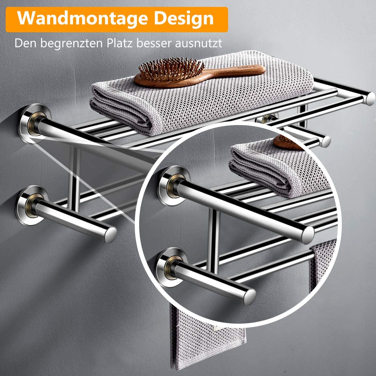 Toallero plegable de acero inoxidable para baño, estante de toalla montado en la pared de dos niveles, 60cm, 304
