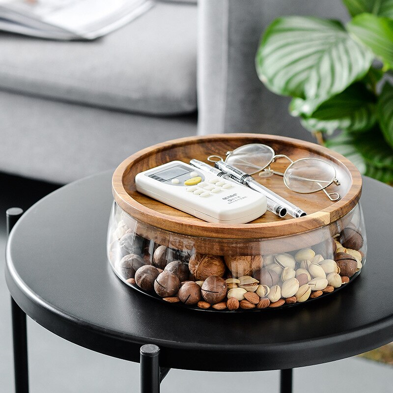 Glas Getrocknete Früchte murmeln Lagerung Kasten Container Doppel Schicht Süssigkeit Snack Fernbedienung Organizer Obst-fach Mit Holz Deckel