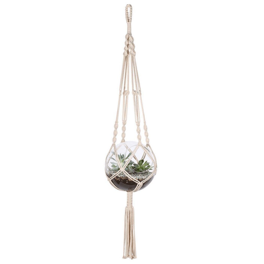 1 stk knyttet macrame planteophæng vintage bomuldshør urtepotte kurv løftereb boheme hængende kurv potteholder værktøj: B65cm