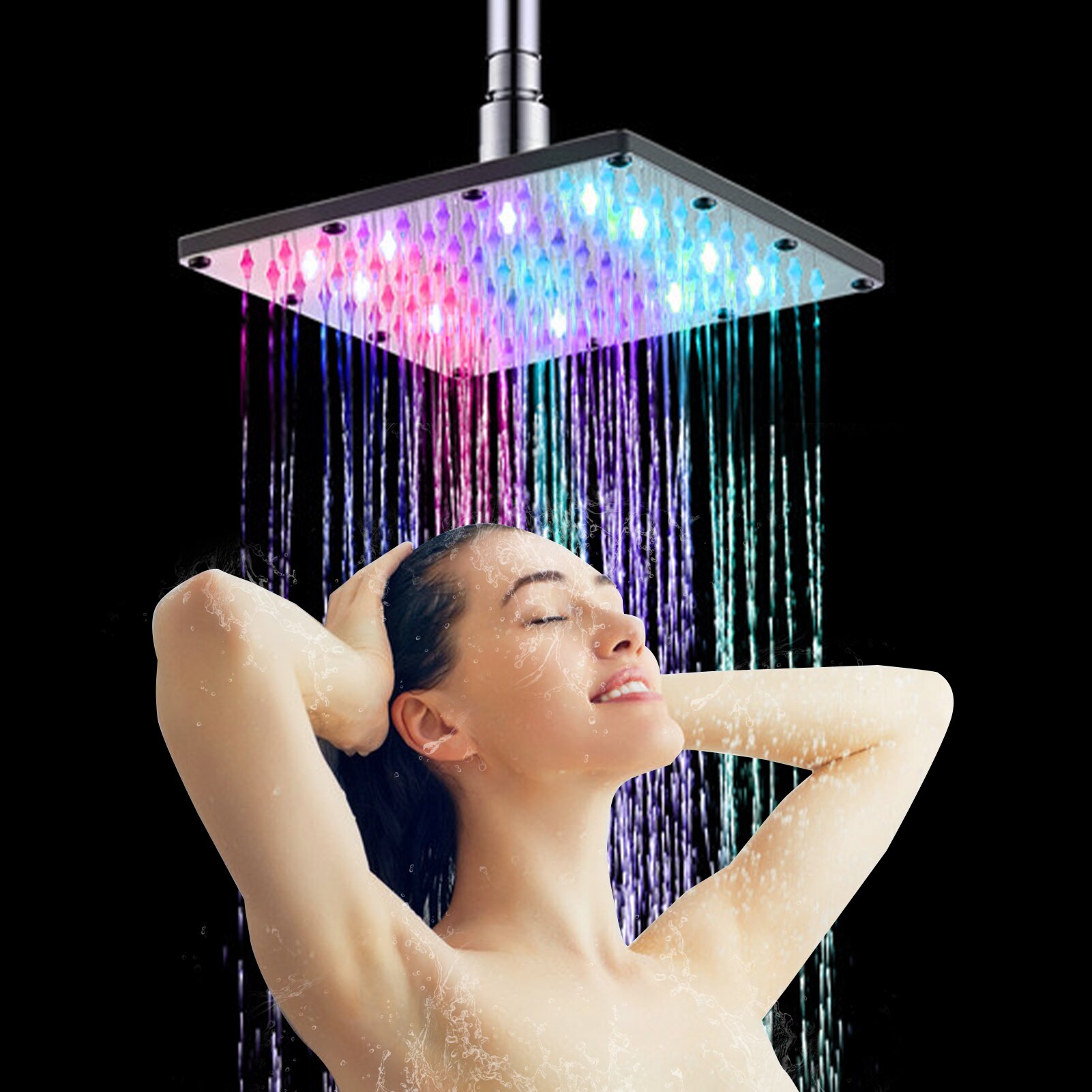 10 inch LED Rainfall Shower Head Square Shower Head Automatically Colorful Flashing Lights Showerhead for Bathroom