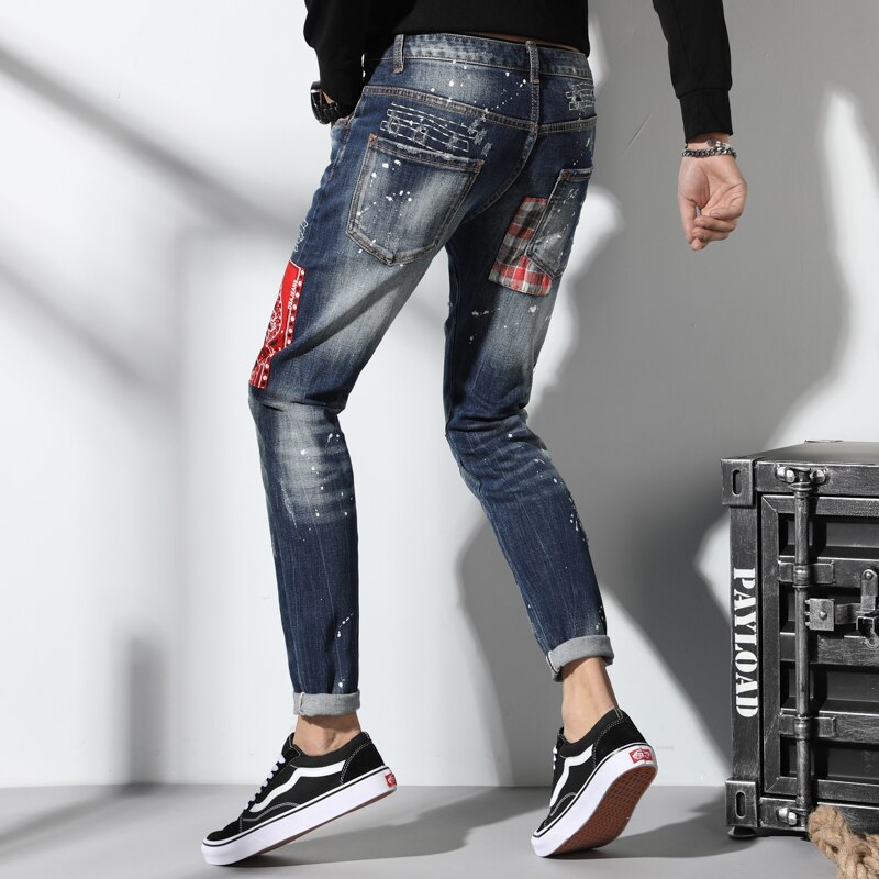 Menn jeans slank passe lappeteppe denim rippet glidelås syklist mager hull broderi lapp stilig