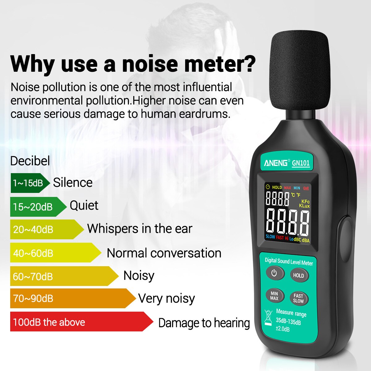 Digital støjmåler 35db-135db decibel meter lcd display lydniveaumåler høj præcision lyd decibel monitor støjtester
