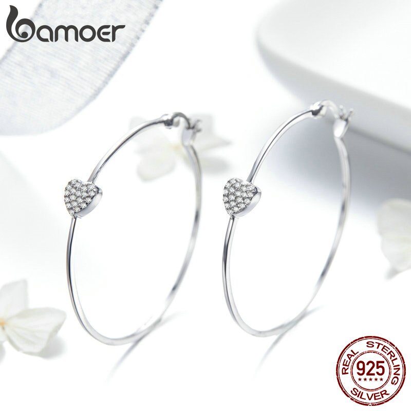 BAMOER Authentische 925 Sterling Silber Großen Kreis Liebe Herz bilden Klar CZ Ohrringe für Frauen Hochzeit Silber Schmuck SCE518