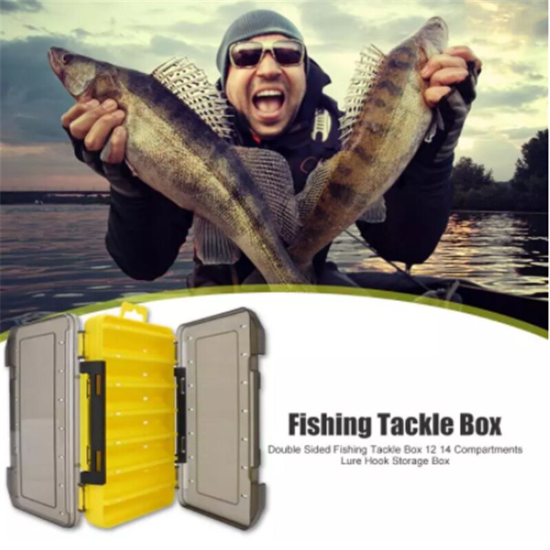 Double Sided Fishing Tackle Box 12 14 Compartments Lure Hook Storage Box Fishing Plastic Storage Case