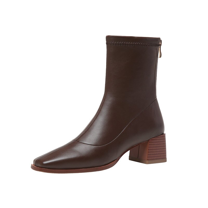 QUTAA PU Leder Herbst Winter Stiefeletten Karree Reißverschluss Damen Pumpen Platz hoch Hacke prägnant Frauen Schuhe Größe 34-39: Braun / 8