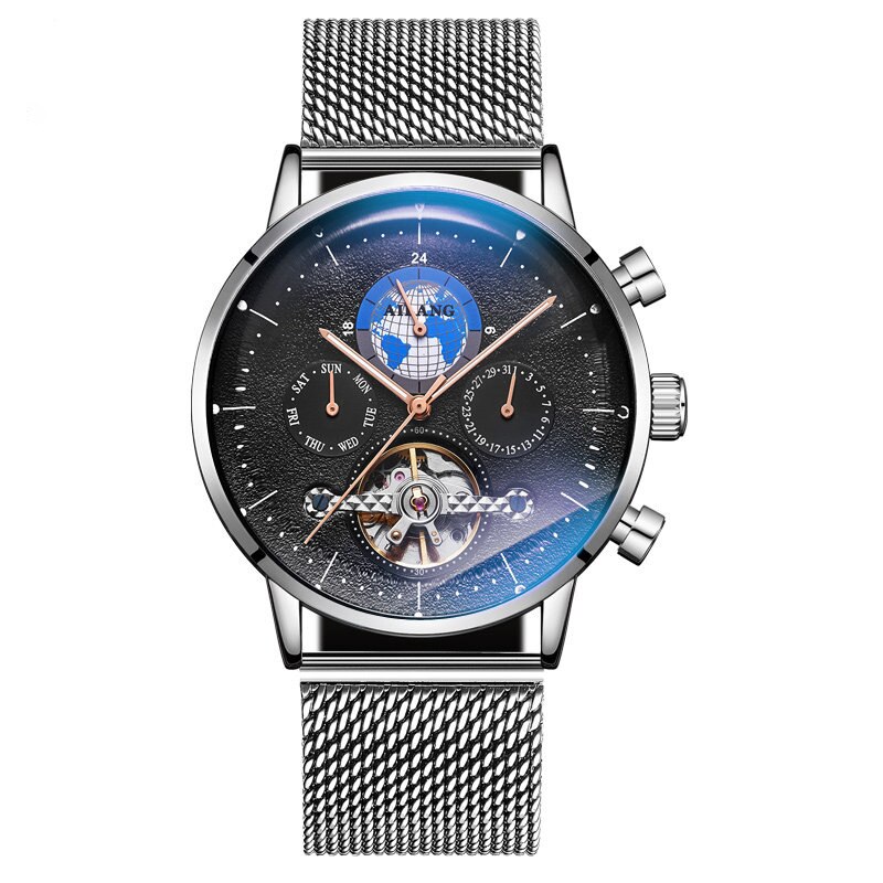 Ailang 2022 Mannen Business Tourbillon Automatische Mechanische Horloges Gradiënt Mannen Lederen Waterdichte Band 8613B: Mesh Silver Black