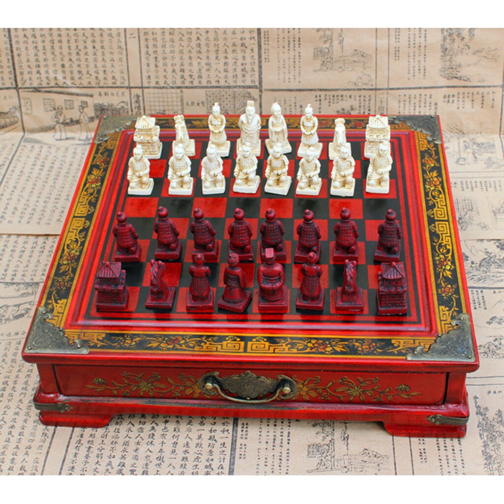 Ancient Chinese Style Collectible Wood Chess Set Chessman Classic Warriors Chess Board Table Games for Kids Adults Families