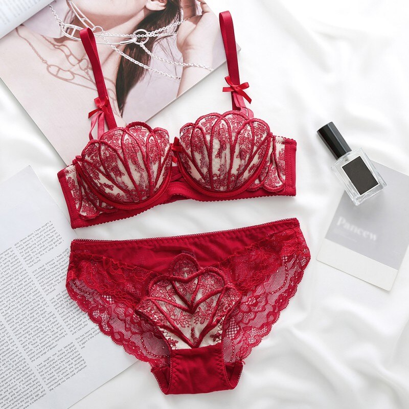 Women Lace Embroidery Shell Bra Sets Sexy Lingerie Bra Sets Push Up Brassieres Lady Suits: Red / 80B