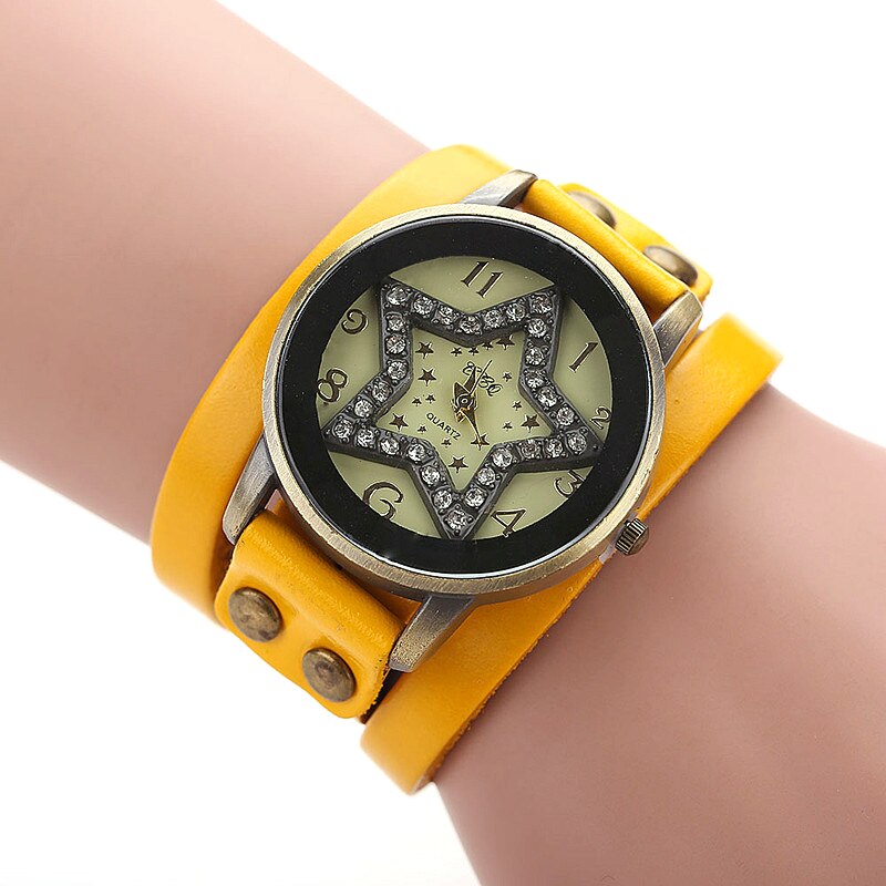 Jessingshow Dames Quartz Horloge Eenvoudige Digitale Wijzerplaat Mode Vijfpuntige Ster Lederen Band Horloge Casual Wear Klok Reloj Mujer: Yellow