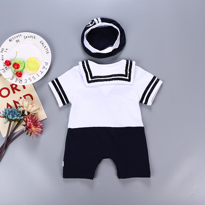 Infant Baby Summer Short Sleeve Rompers Clothes Baby Boy Sailor Suit with Navy Hat Sailor Collar Children Climbing Jumpsuit Sets