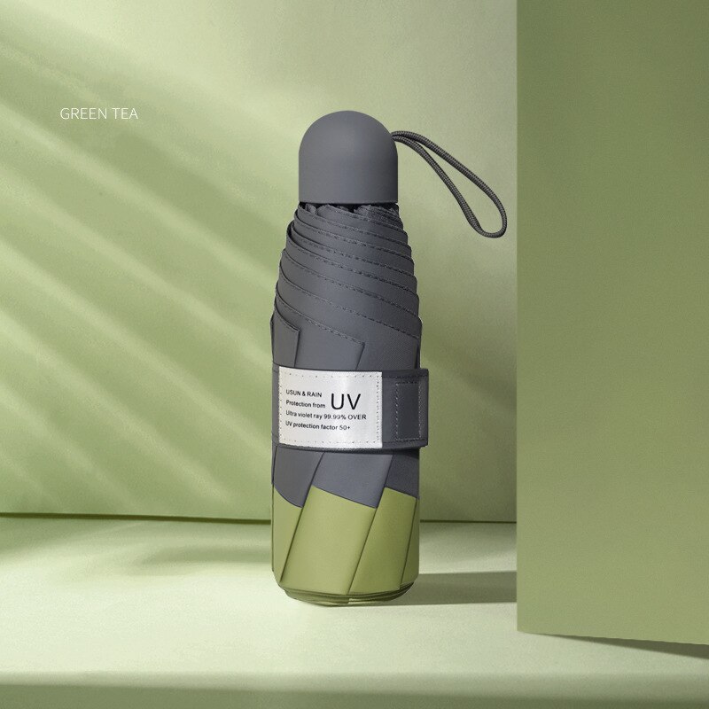 8 ribber mini paraplyer vindtett anti -uv 5 sammenleggbar vinyl paraply bærbar reise regn kvinner menn låve lomme paraply parasoll: Grønn