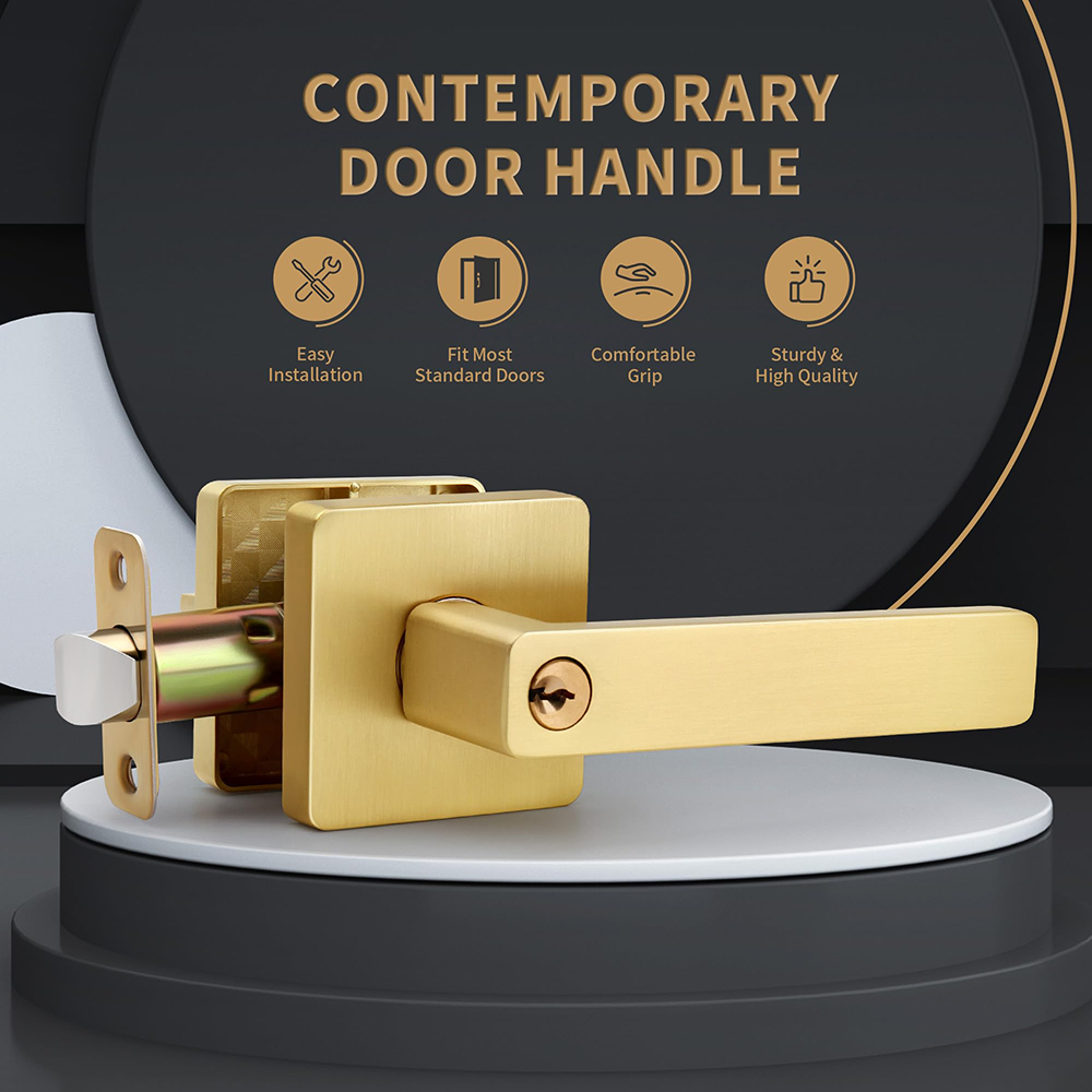 Golden Keyless Entry Door Knob - Heavy Duty, Reversible Square Privacy Lock for Bedroom & Bathroom