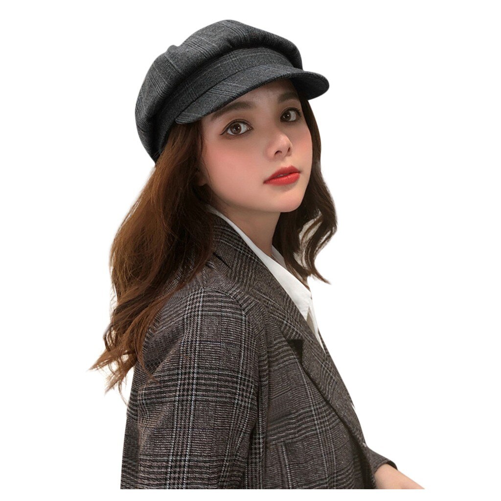 Cotton Beret Peaky Blinder Women Vintage Beret Plaid Suede Hat Winter Warm Beret Flat Cap Duckbill Caps beret femme берет 베레모 #E: Black