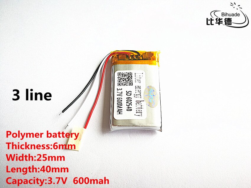 3 line Good Qulity 3.7V,600mAH,602540 Polymer lithium ion / Li-ion battery for TOY,POWER BANK,GPS,mp3,mp4